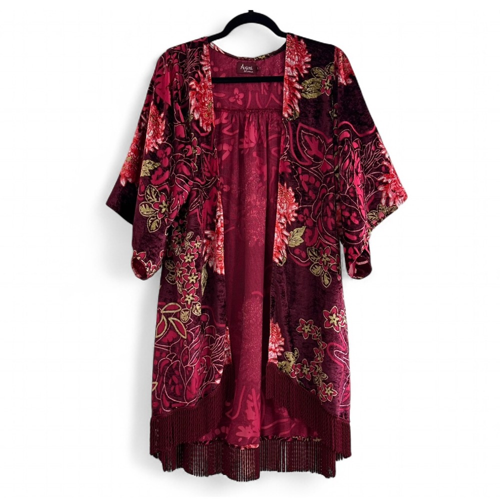 Avani Del Amour Burgundy Floral Velvet Kimono Tassel Cardigan Boho Festival S/M